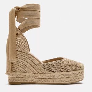 Zara Lace Up Wedge Shoes Beige Espadrille Wedge Sandals